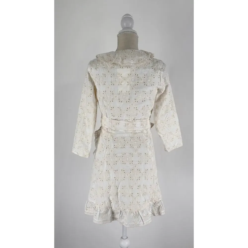 Sezane Robe Asianne Eyelet Mini Wrap Dress Womens Size 2 Ecru Cream New Flawed